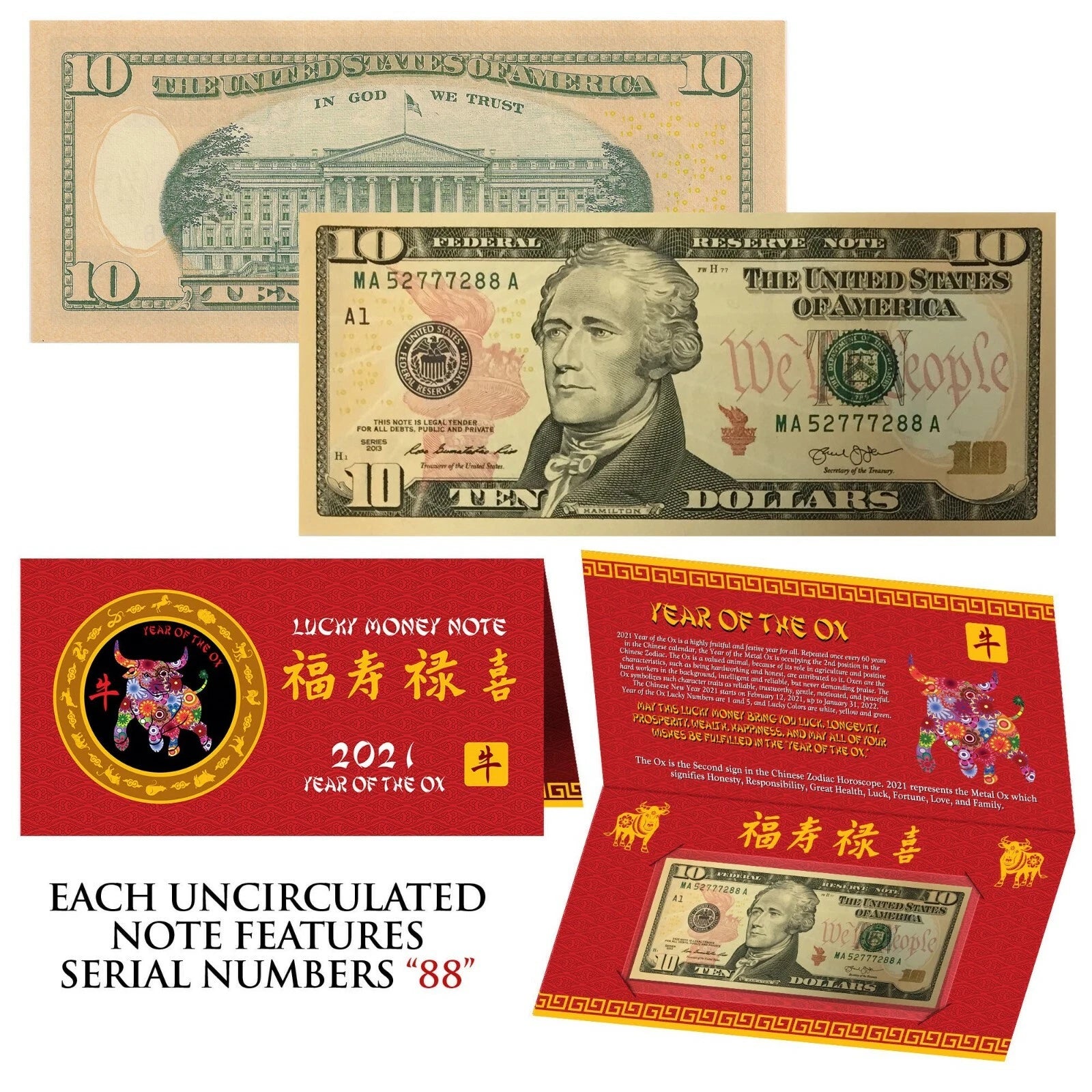 2021 CNY Chinese YEAR of the OX Lucky Money US $10 Bill w/ Red Folder - S/N 88