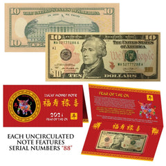 2021 CNY Chinese YEAR of the OX Lucky Money US $10 Bill w/ Red Folder - S/N 88-2