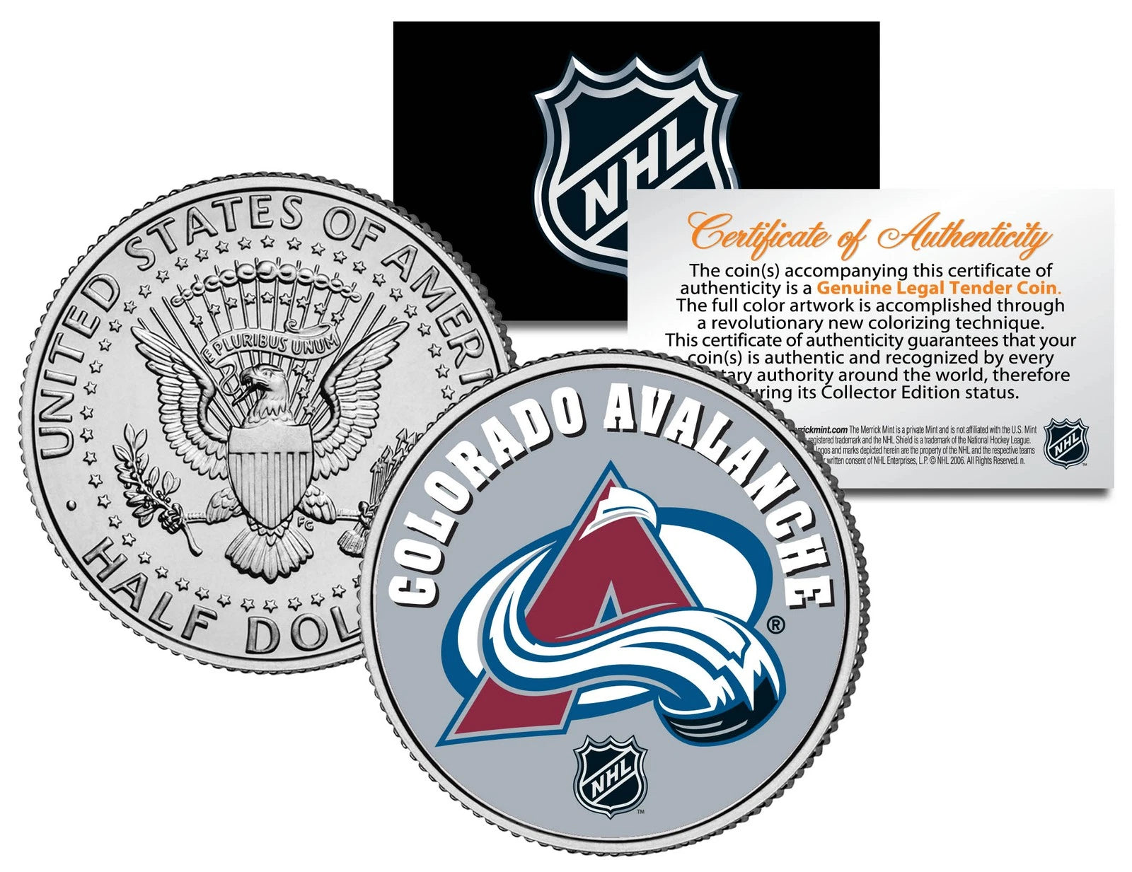 Moneda de medio dólar estadounidense de JFK Kennedy de la NHL de hockey COLORADO AVALANCHE * CON LICENCIA *-1