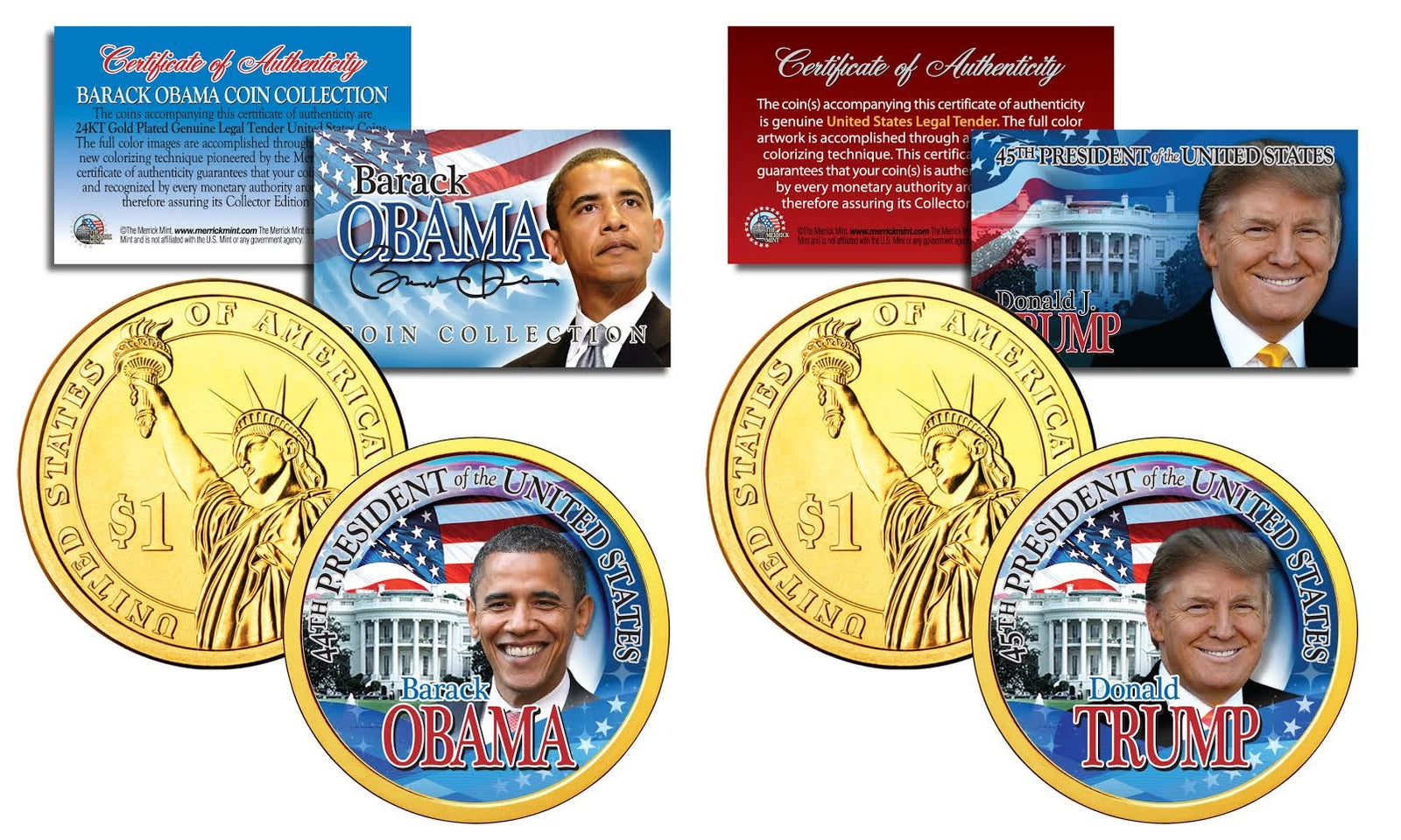 TRUMP & OBAMA U.S Mint Colorized PRESDIENTIAL $1 Dollar Coins + 3rd Coin FREE