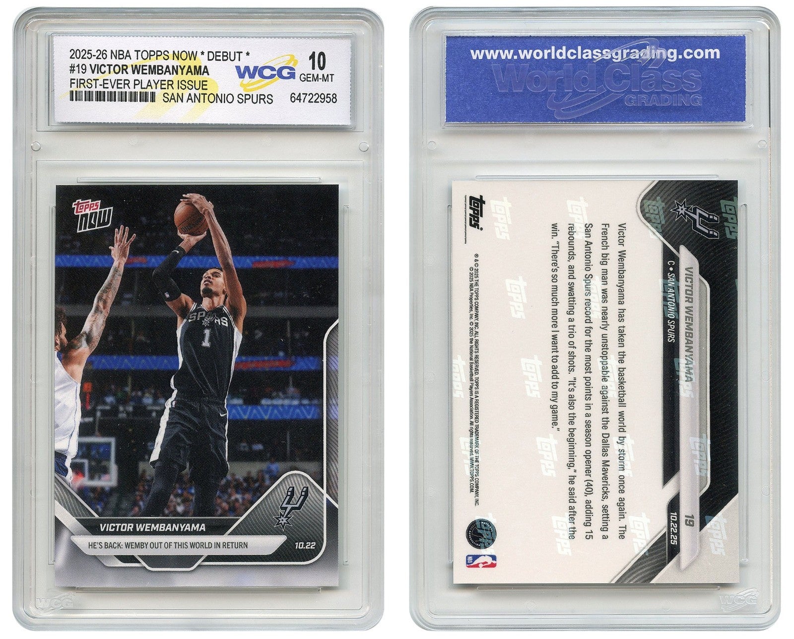 2025-26 NBA Topps Now Debut VICTOR WEMBANYAMA 1st Player Issue Card #19 - GEM 10-2