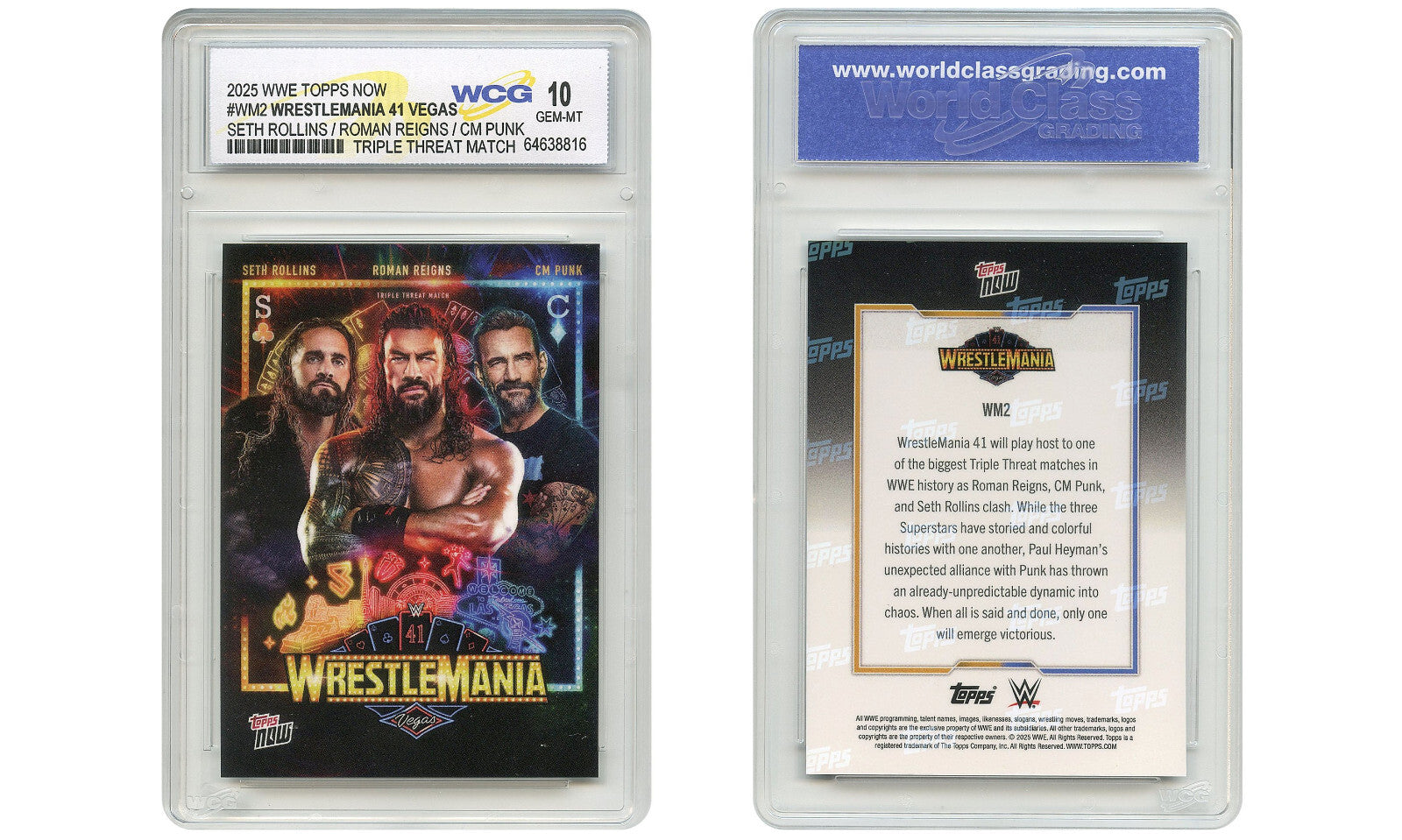 2025 WWE Topps ROLLINS / REIGNS / CM PUNK Wrestlemania LV Card #WM2 Graded GM-10-2