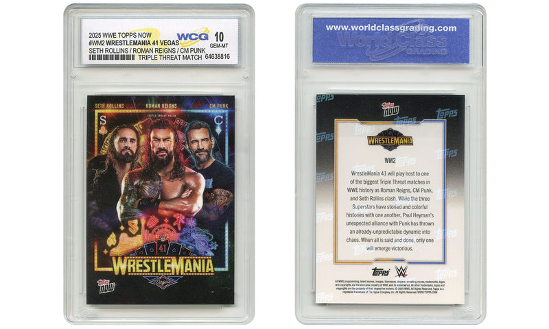 2025 WWE Topps ROLLINS / REIGNS / CM PUNK Wrestlemania LV Card #WM2 Graded GM-10-2