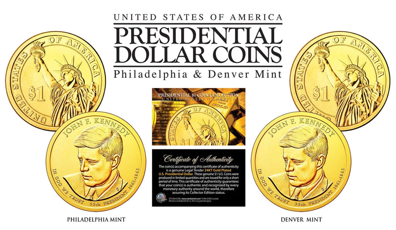 24K Gold Plated JOHN F KENNEDY 2015 Presidential $1 Dollar 2-Coin Set - P&D MINT-1