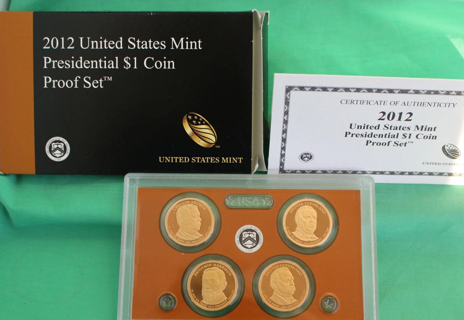 2012 S Presidential Dollar Proof Coin Set 4 Golden Dollars $1 with Box and COA-5