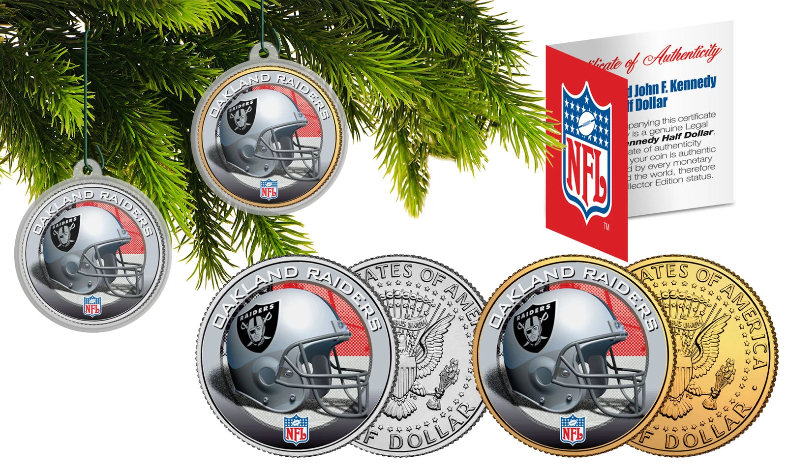 OAKLAND RAIDERS Colorized JFK Half Dollar US 2-Coin Set NFL Christmas Ornaments