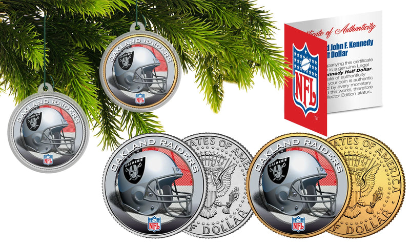 OAKLAND RAIDERS Colorized JFK Half Dollar US 2-Coin Set NFL Christmas Ornaments-1
