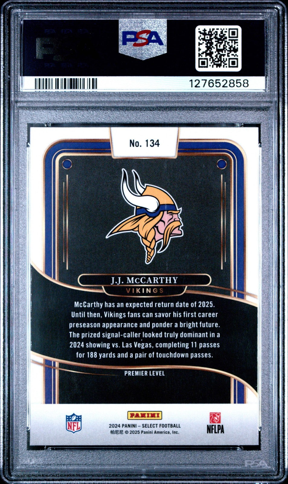 Graded 2024 Panini Select JJ McCarthy #134 Rookie RC Football Card PSA 9 Mint-2