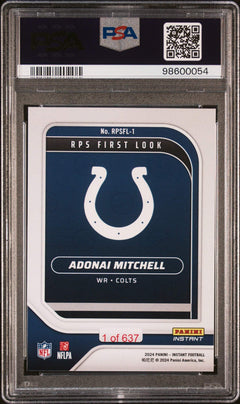 Graded 2024 Panini Instant NFL Adonai Mitchell #RPSFL1 RC Football Card PSA 10-2