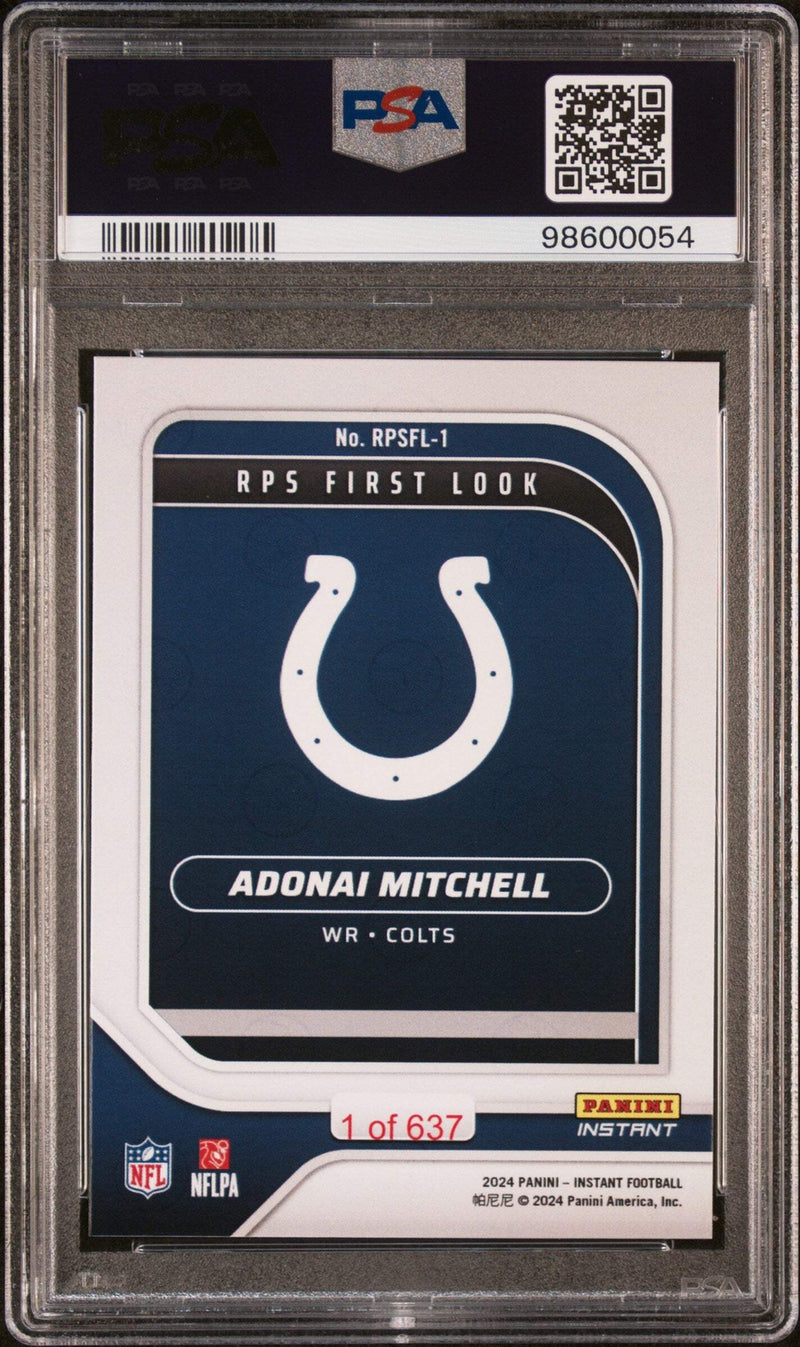 Graded 2024 Panini Instant NFL Adonai Mitchell #RPSFL1 RC Football Card PSA 10-2