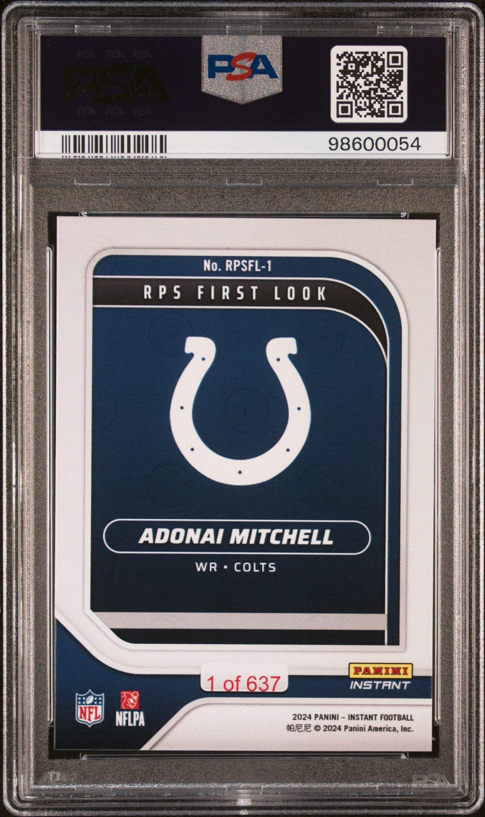 Graded 2024 Panini Instant NFL Adonai Mitchell #RPSFL1 RC Football Card PSA 10