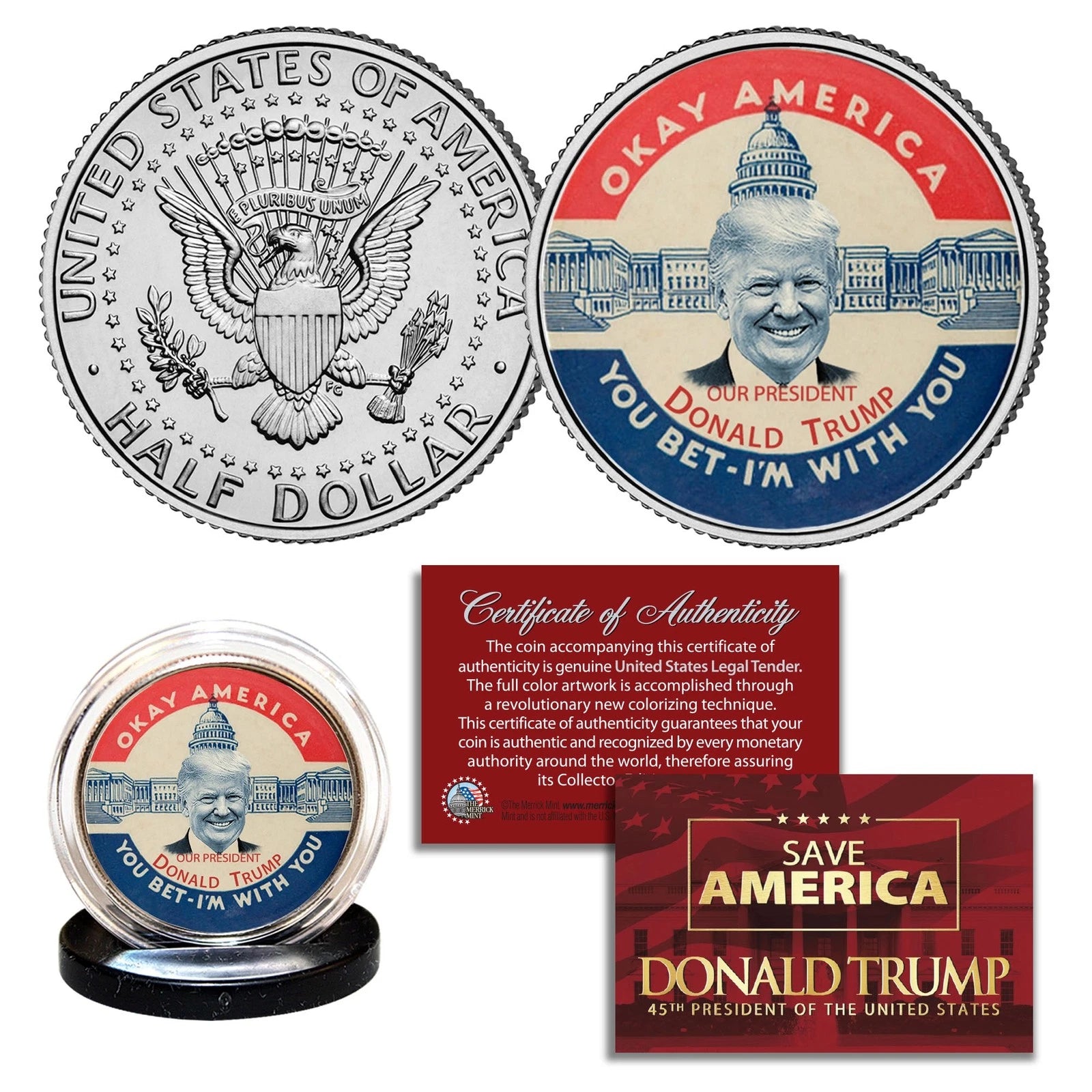 DONALD TRUMP OKAY AMERICA-I'M WITH YOU Pin Style JFK Kennedy Half Dollar US Coin-1