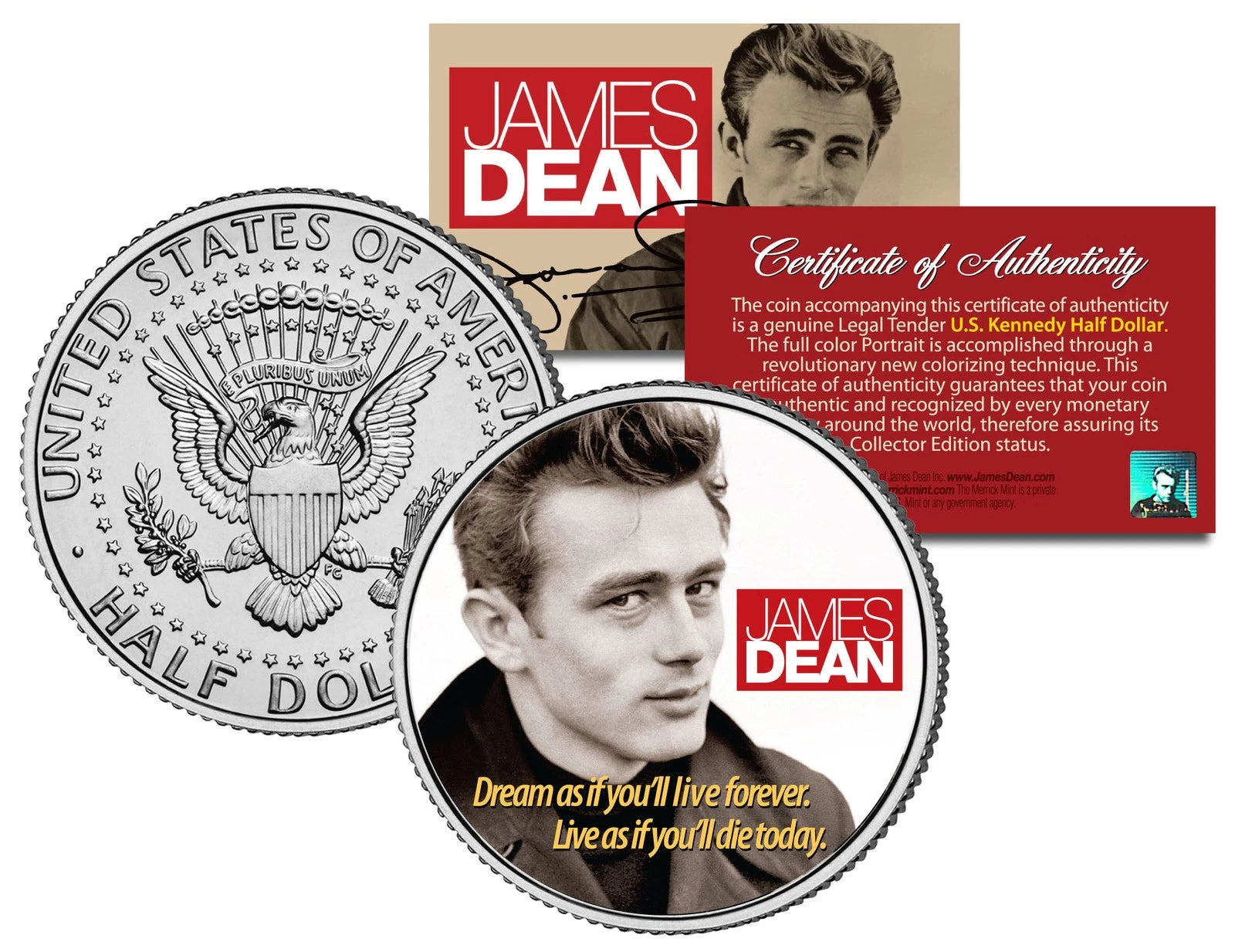 JAMES DEAN * FAMOUS QUOTE * JFK Kennedy Half Dollar US Colorized Coin *LICENSED*