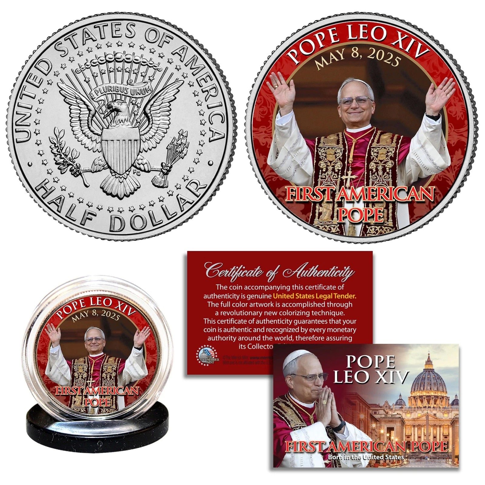POPE LEO XIV 1st American Pope Authentic 2025 U.S. JFK Kennedy Half Dollar Coin