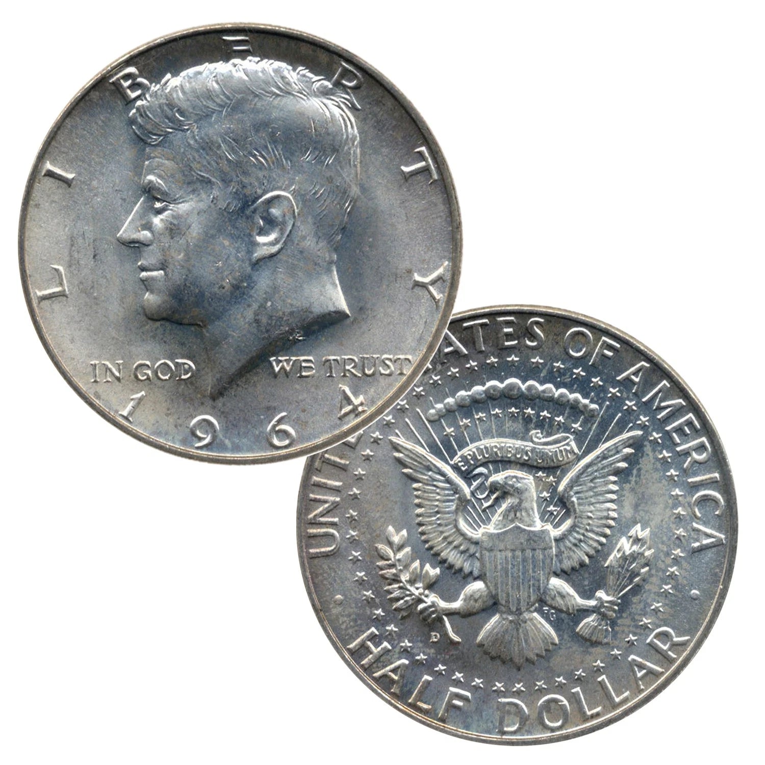 Juego de 2 monedas de medio dólar John F. Kennedy JFK de plata al 90 % de 1964, en muy buen estado de circulación.-4