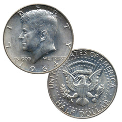 Juego de 2 monedas de medio dólar John F. Kennedy JFK de plata al 90 % de 1964, en muy buen estado de circulación.-4