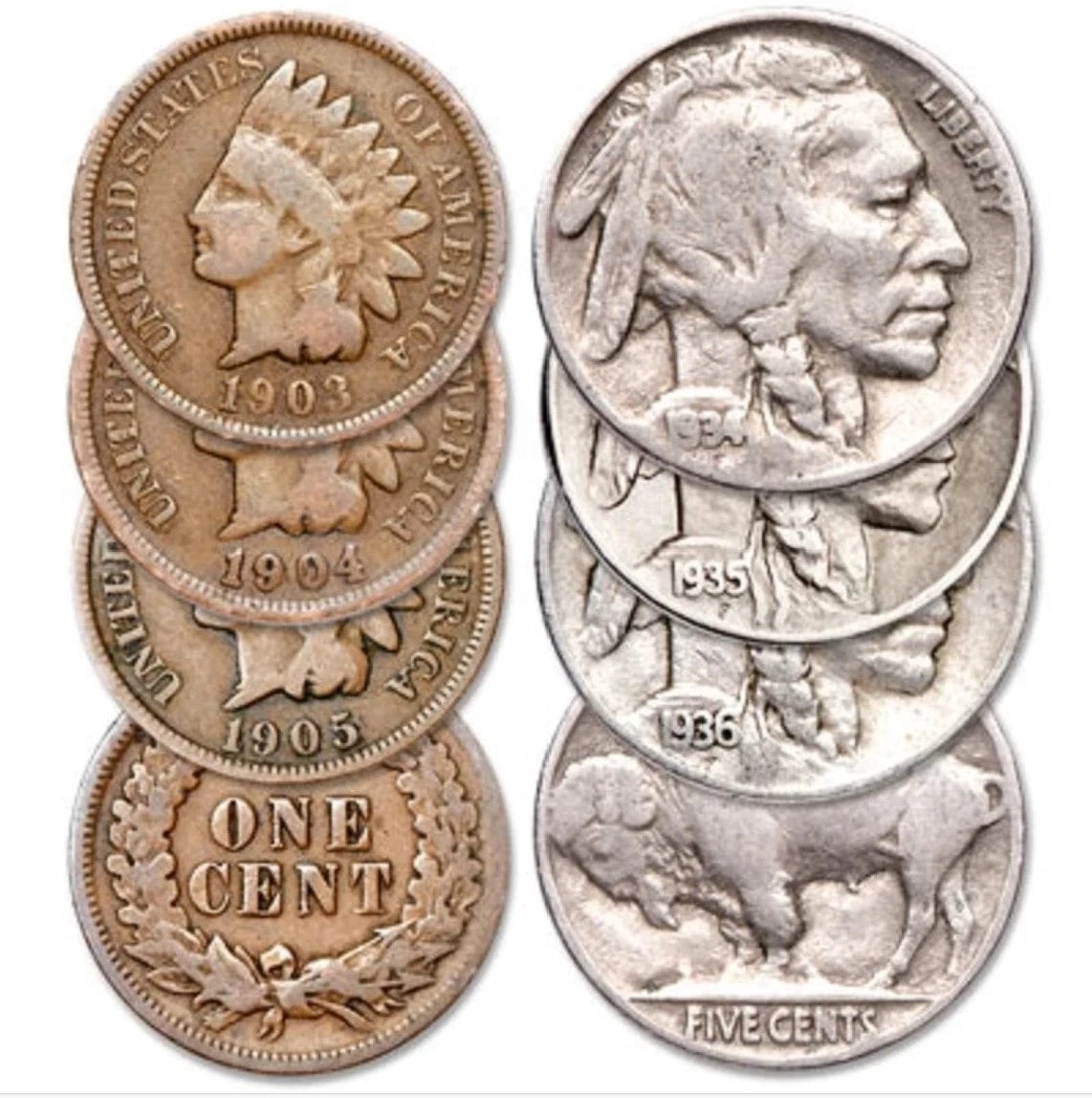 6 COIN LOT ~ 3 Indian Head Cents ~ 3 Buffalo Nickels ~ FULL DATE US Coins-1