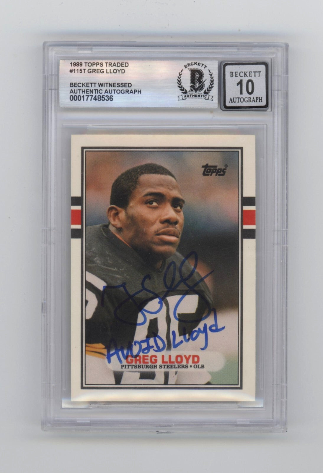 Greg Lloyd 1989 Topps #115T RC Signed w Avoid Lloyd Beckett BGS 10 Auto Steelers-1