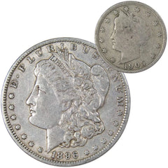 1896 O Morgan Dollar VF Very Fine 90% Silver with 1905 Liberty Nickel G Good-1