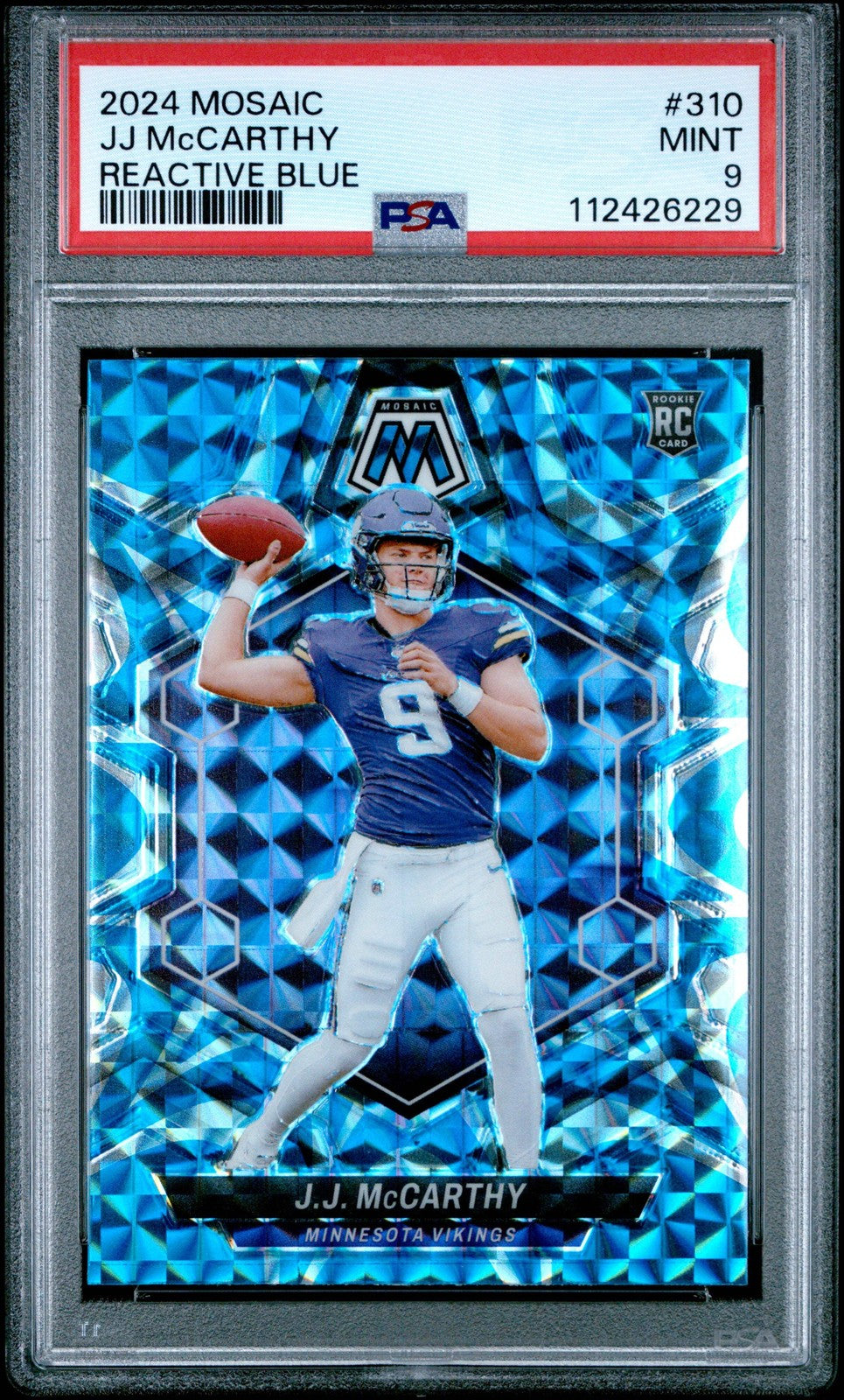 Graded 2024 Panini Mosaic JJ McCarthy #310 Reactive Blue RC Football Card PSA 9