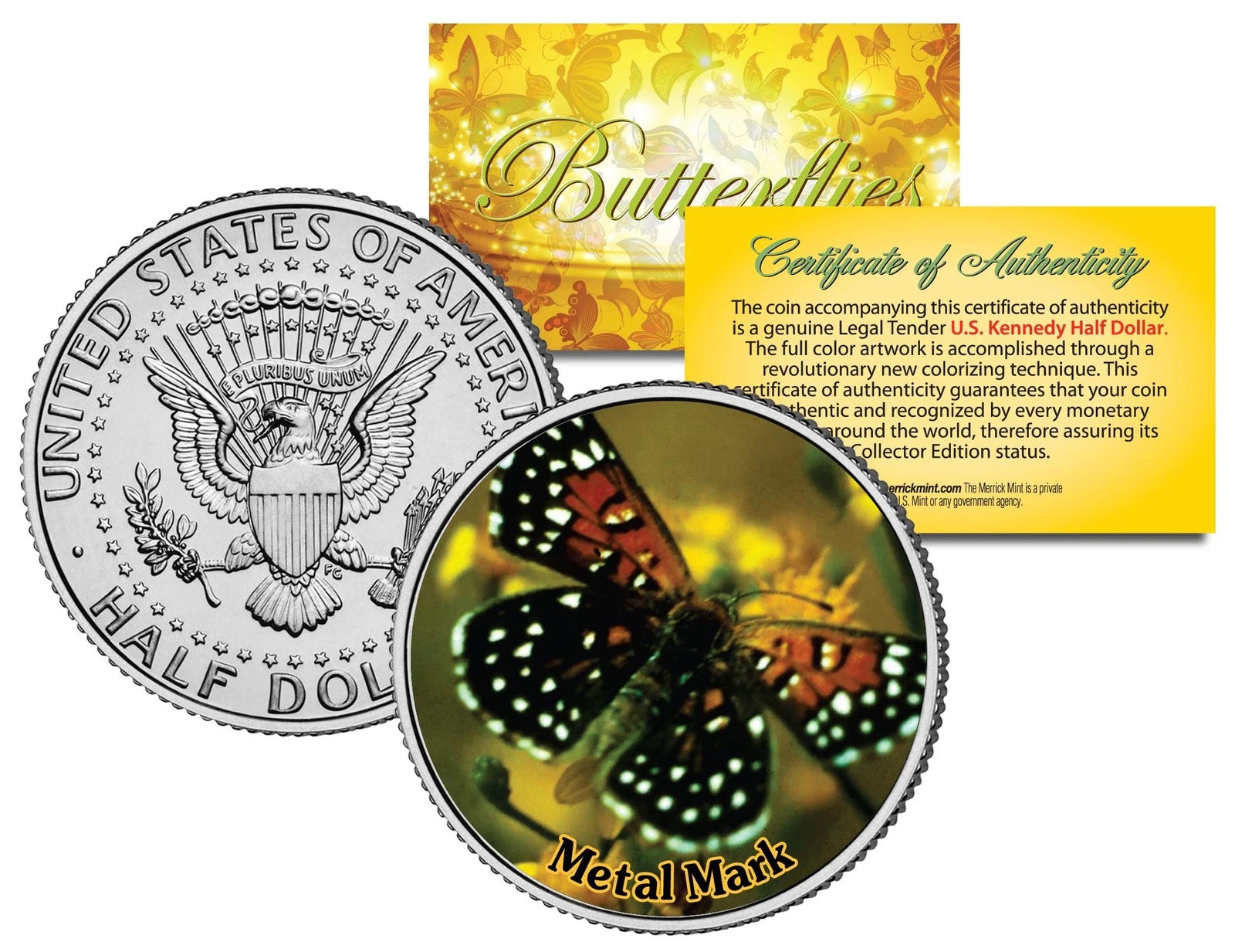 METAL MARK BUTTERFLY JFK Kennedy Half Dollar US Colorized Coin