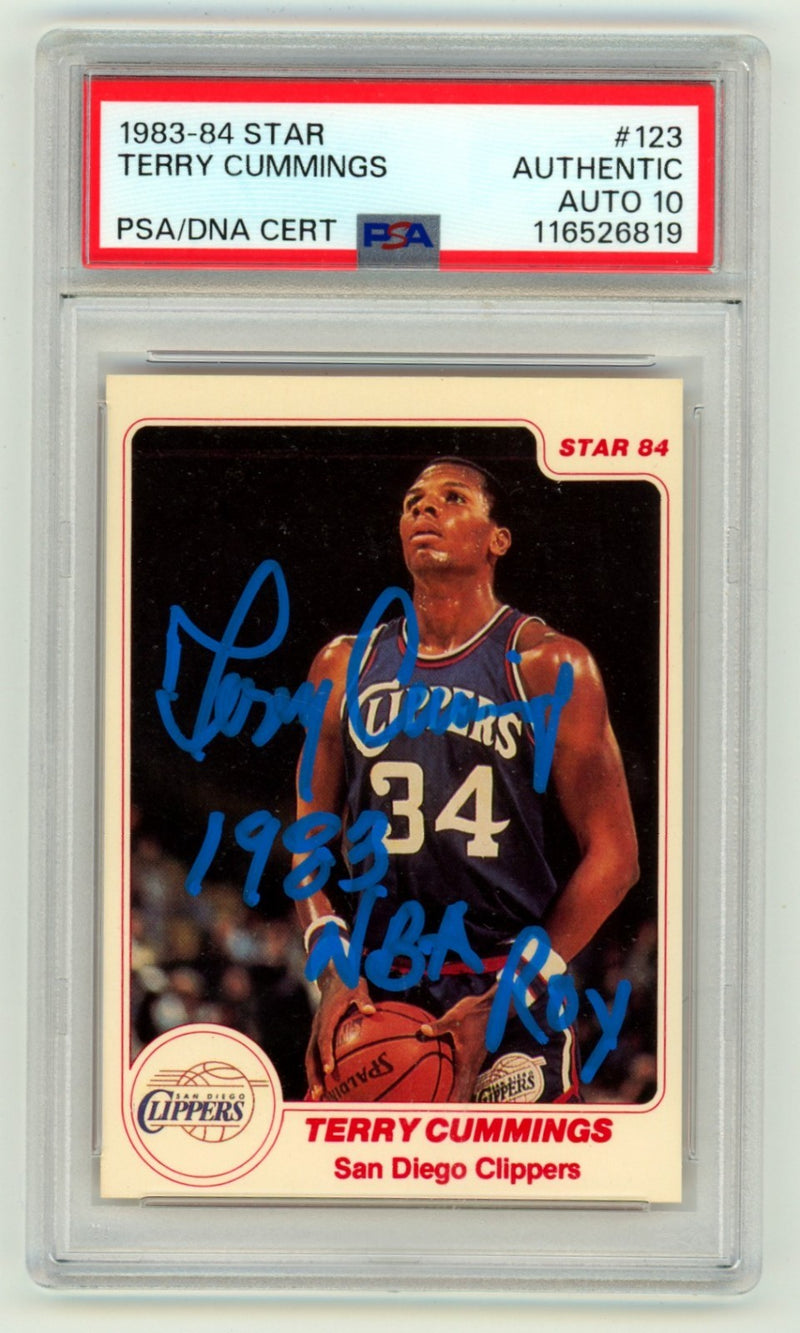 Terry Cummings 1983-84 Star 123 Signed Rookie RC w/ 1983 NBA ROY Ins PSA 10 Auto-1