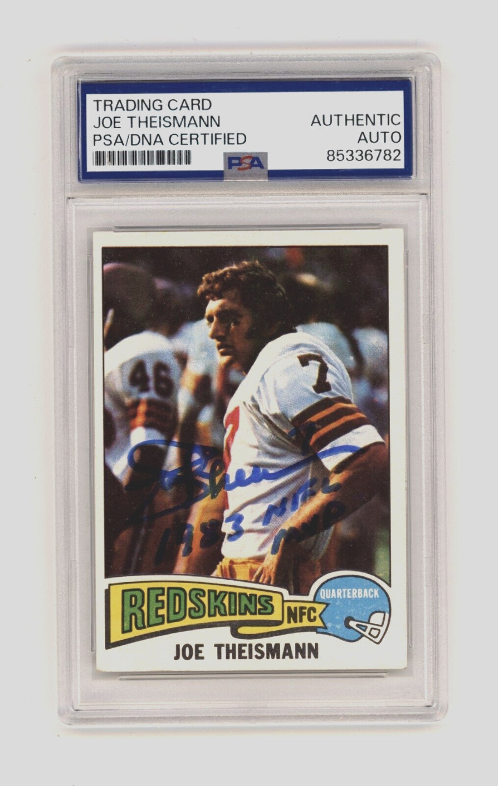 Joe Theismann 1975 Topps #416 Signed Rookie RC w/ 1983 NFL MVP PSA Auto Redskins-1