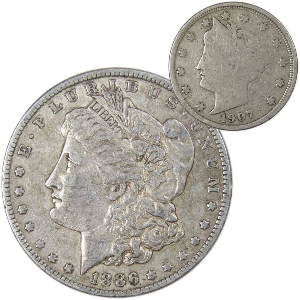 1886 O Morgan Dollar VF Very Fine 90% Silver with 1907 Liberty Nickel G Good-1