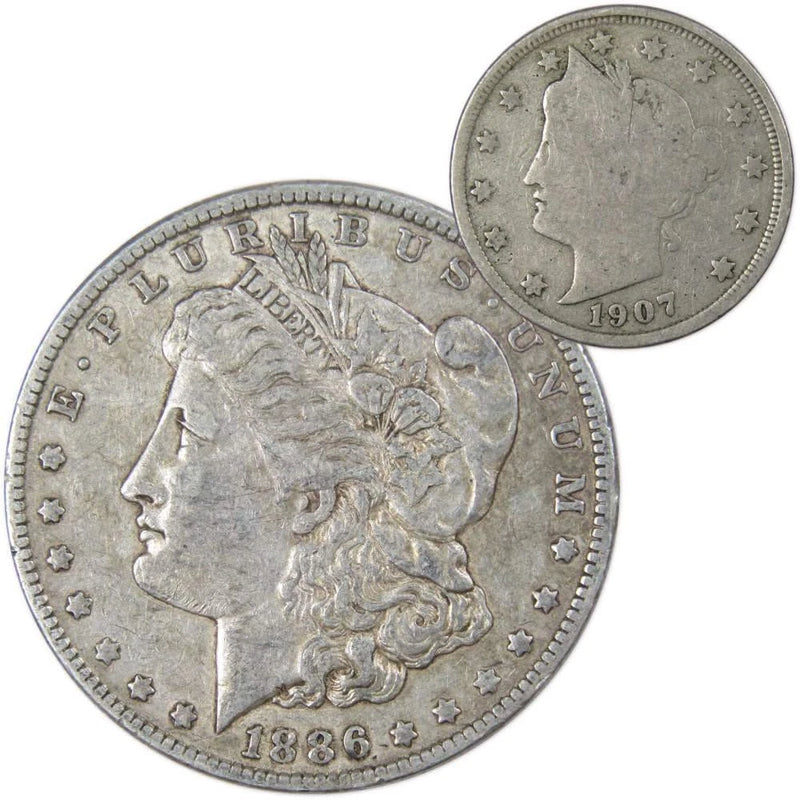 1886 O Morgan Dollar VF Very Fine 90% Silver with 1907 Liberty Nickel G Good-1
