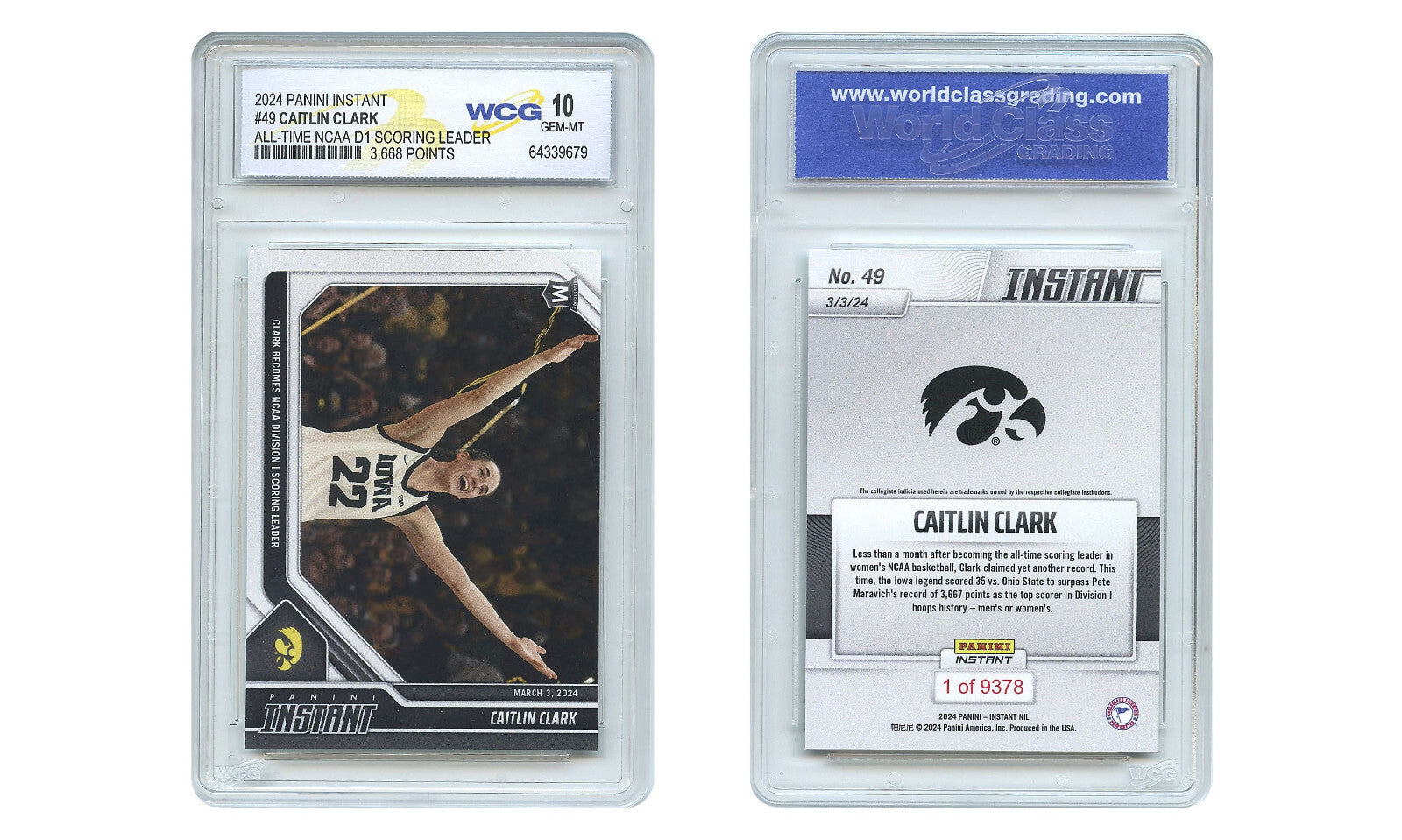 2024 Caitlin Clark Panini Milestone Logo ROOKIE Card #49 - Graded Gem Mint 10-2