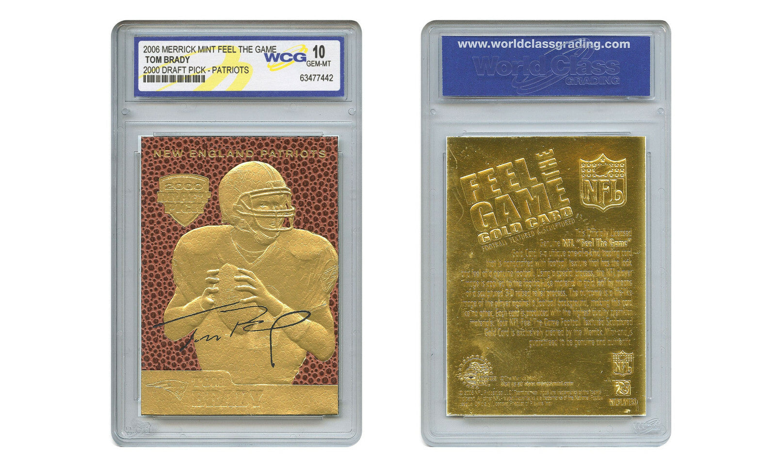 TOM BRADY 2000 Draft Pick FEEL THE GAME NFL Gold Card Rookie Graded GEM-MINT 10-1
