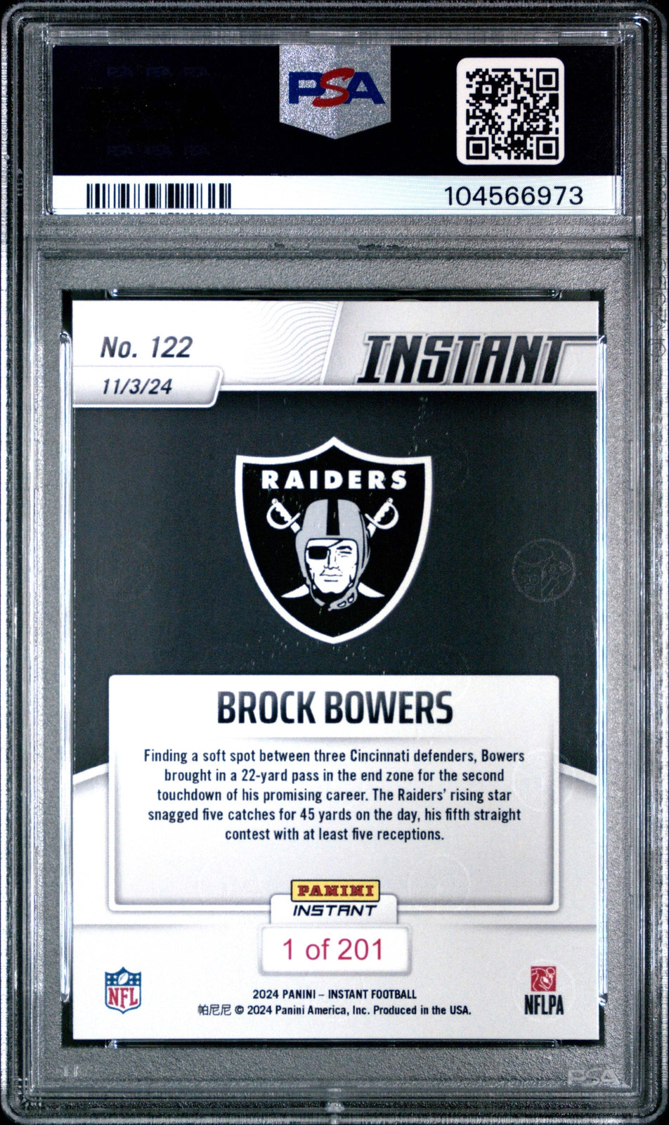 Graded 2024 Panini Instant NFL Brock Bowers #122 Rookie RC Football Card PSA 10