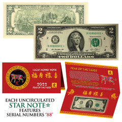 STAR NOTE 2022 CNY Year of the TIGER Lucky Money US $2 Bill w/ Red Folder S/N 88-2