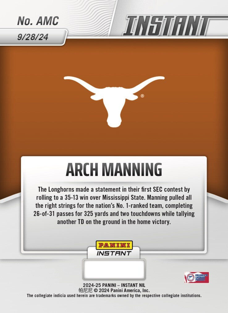 Graded 10 Arch Manning RC 2024-25 Panini Instant NIL NCAA #AMC Texas Rookie Card-4