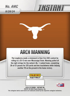 Graded 10 Arch Manning RC 2024-25 Panini Instant NIL NCAA #AMC Texas Rookie Card-4