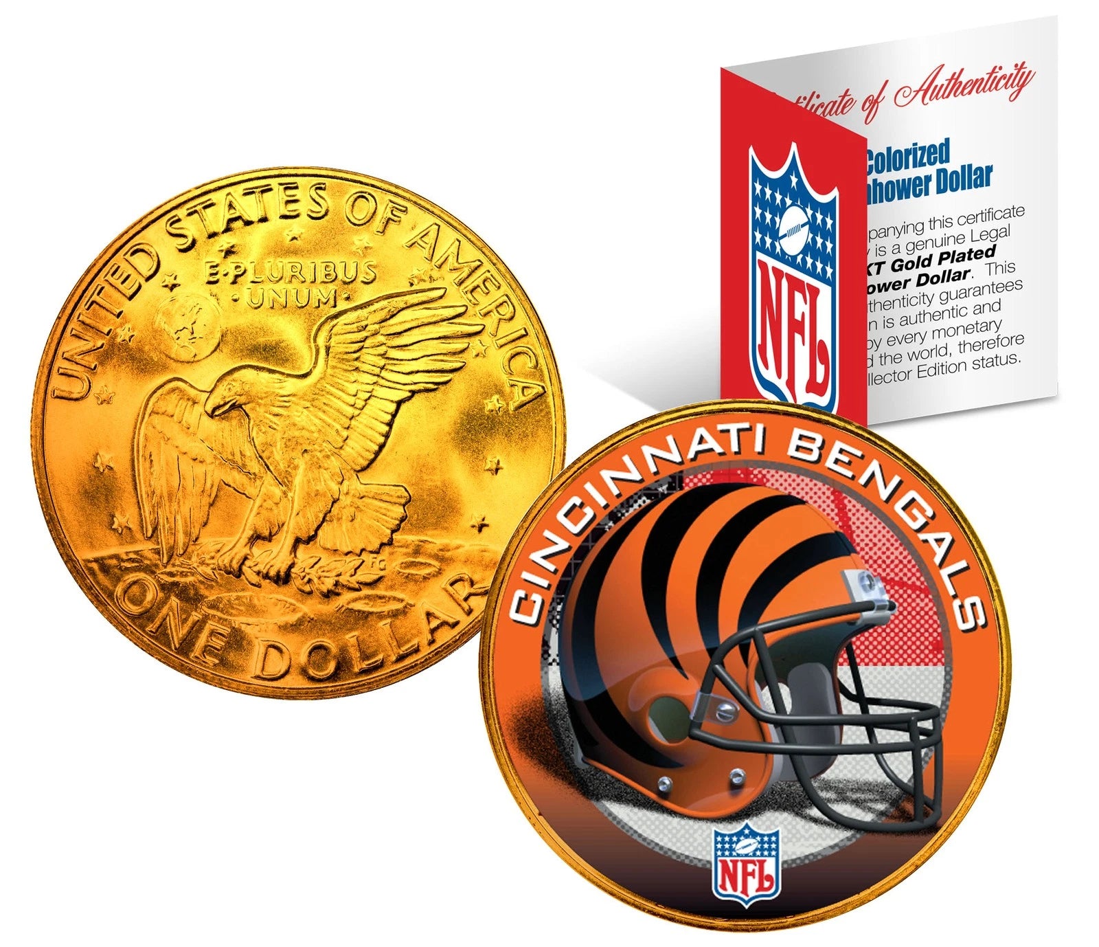 Moneda de dólar IKE de la NFL, bañada en oro de 24 quilates, de los CINCINNATI BENGALS * CON LICENCIA DE LA NFL-1