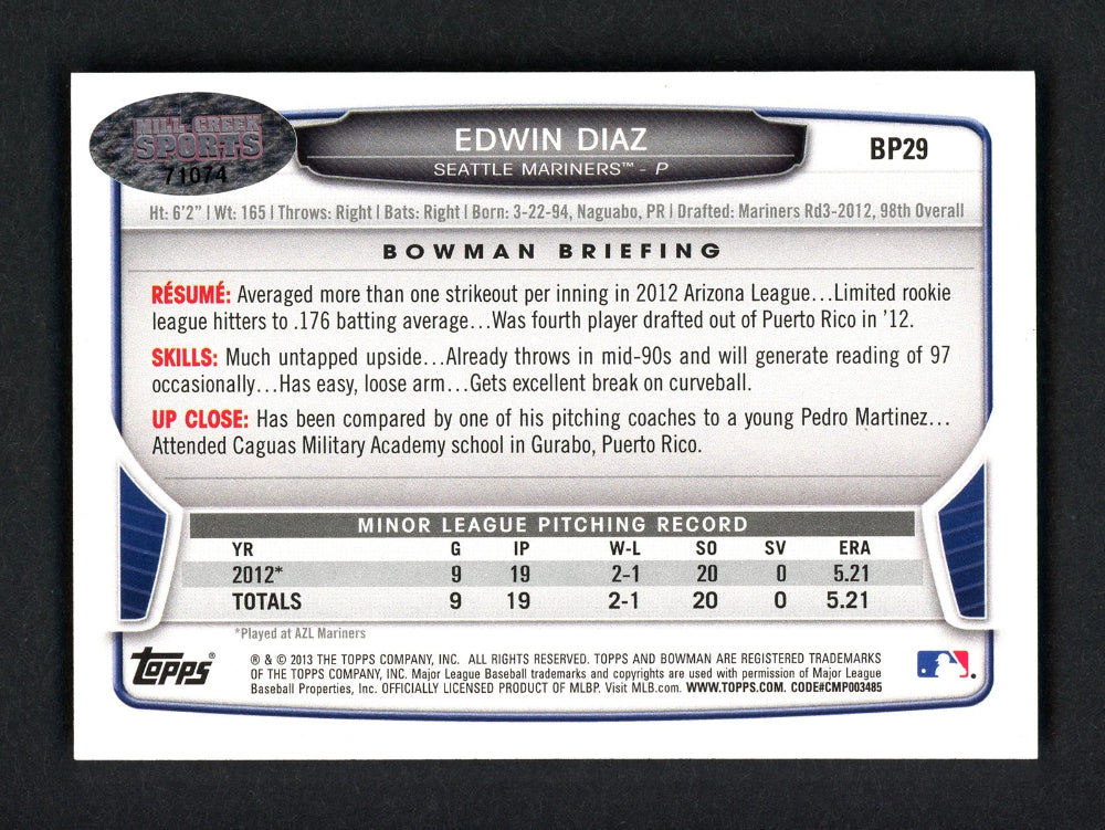 Edwin Diaz Auto Signed 2013 Bowman Prospects RC BP29 Seattle Mariners MCS Holo