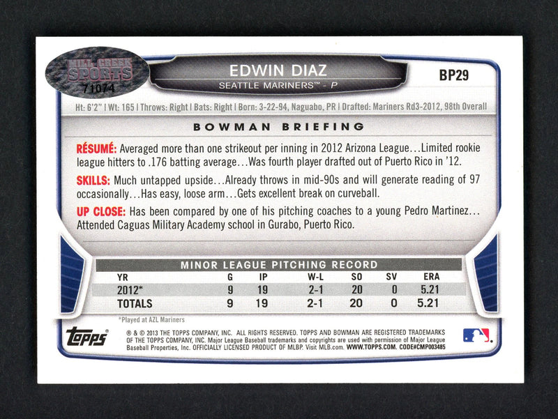 Edwin Diaz Auto Signed 2013 Bowman Prospects RC BP29 Seattle Mariners MCS Holo-2