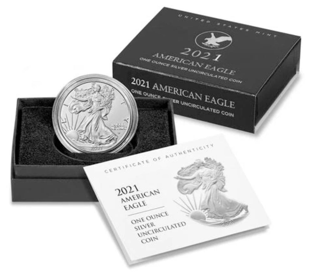 Moneda de plata americana bruñida T2 de $1 oz 2021-W con caja, OGP y certificado de autenticidad