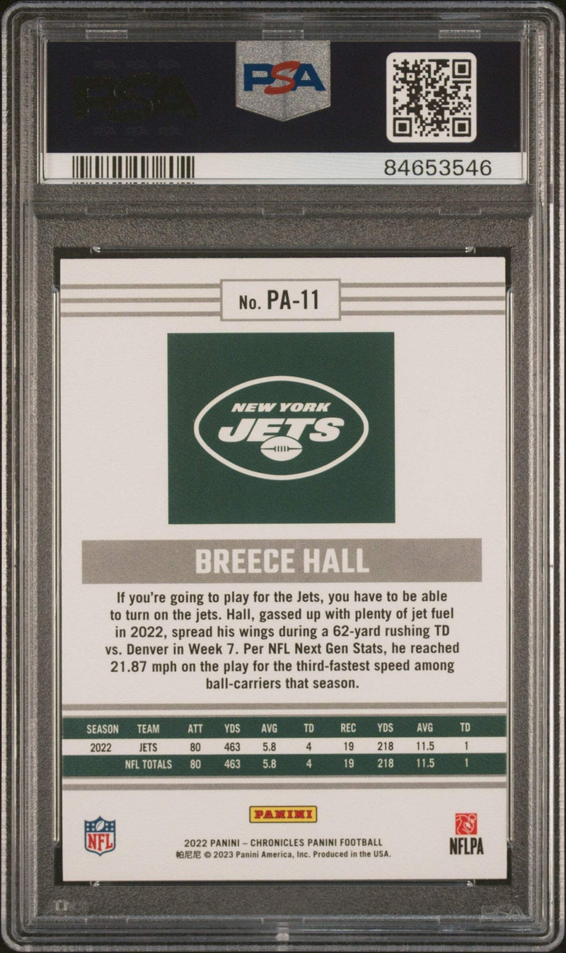 Graded 2022 Panini Chronicles Breece Hall #PA11 Panini RC Football Card PSA 10-2