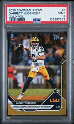 PSA 9 Garrett Nussmeier Gold Foil 18/50 #3 2025 Bowman U Now 136887669-1
