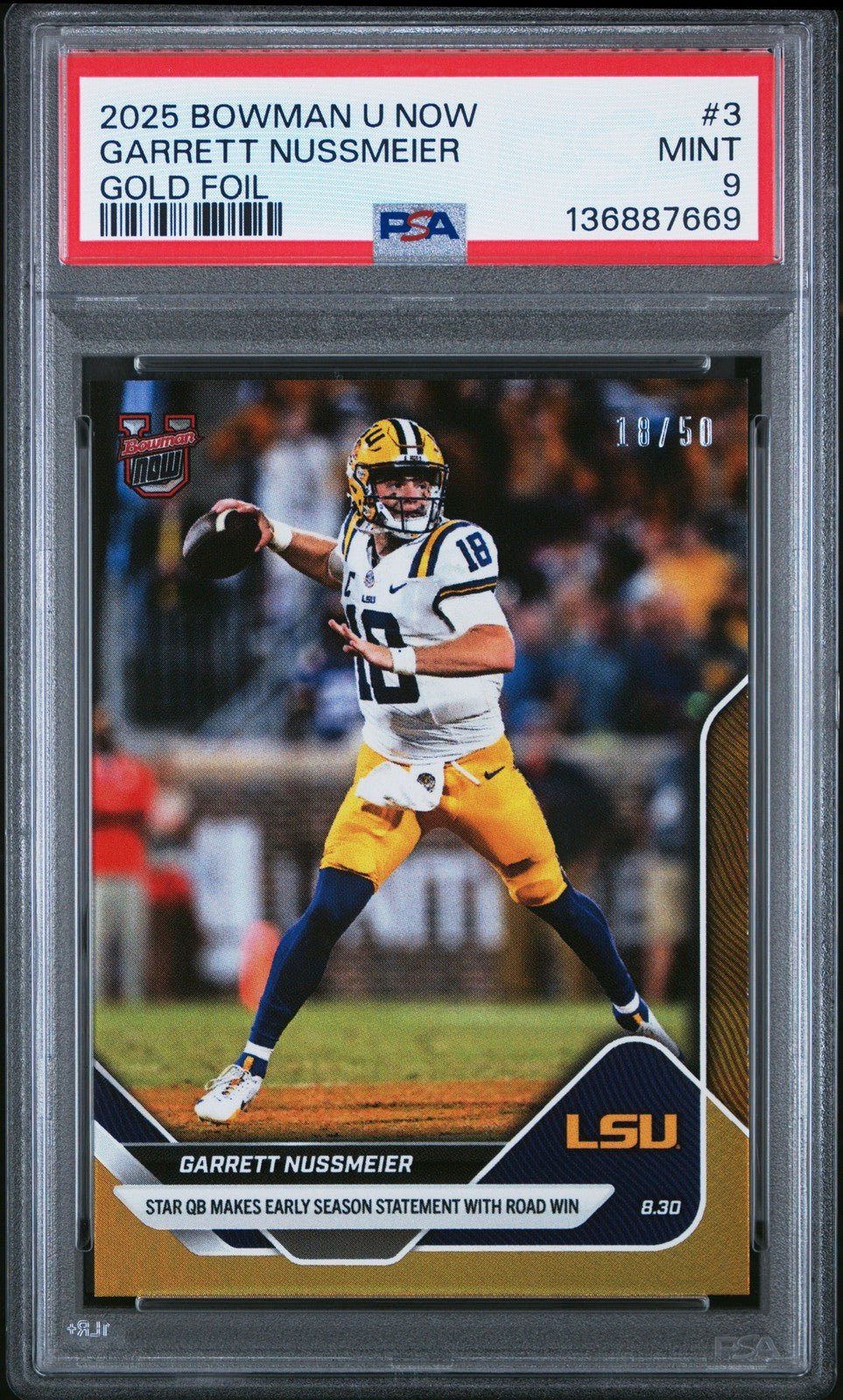 PSA 9 Garrett Nussmeier Gold Foil 18/50 #3 2025 Bowman U Now 136887669
