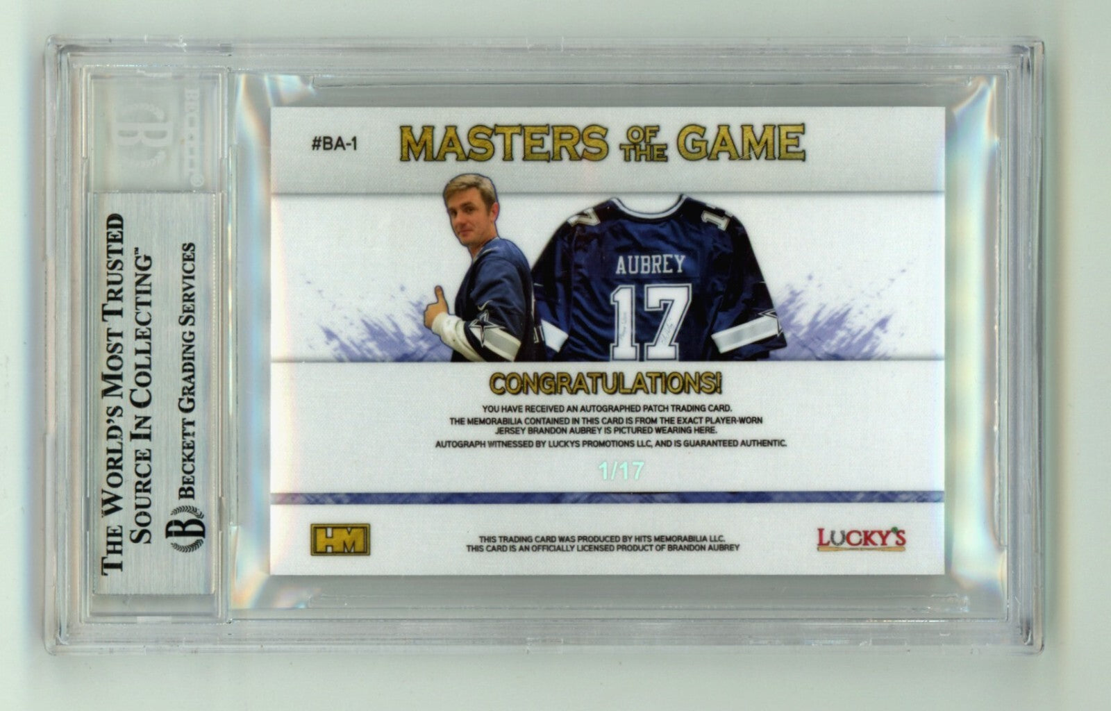 Brandon Aubrey 2023 Hits Memorabilia Silver H RPA Patch Auto RC #/17 BGS BAS-5