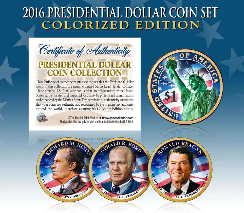 2016 US MINT COLORIZED PRESIDENTIAL $1 DOLLAR COINS - Final Full Set of 3