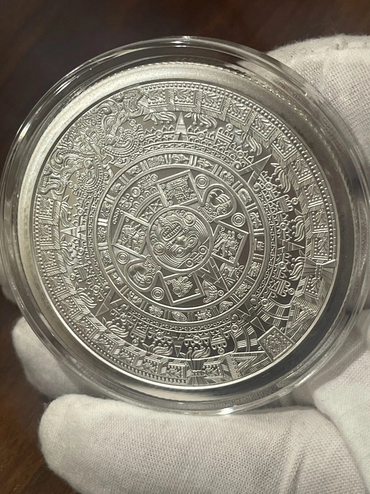 5 oz .999 Fine Silver Aztec Calendar Round with Protective Capsule, Ancient Calendar Design, Tribal Art Silver Medallion, Cultural Heritage Keepsake, Detailed Engraved Finish, Collector Display Piece-2
