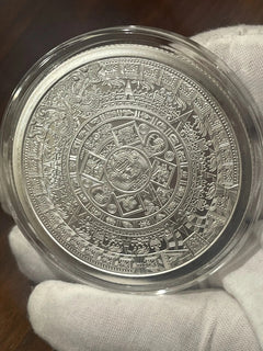 5 oz .999 Fine Silver Aztec Calendar Round with Protective Capsule, Ancient Calendar Design, Tribal Art Silver Medallion, Cultural Heritage Keepsake, Detailed Engraved Finish, Collector Display Piece-2