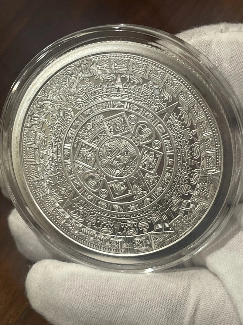 5 oz .999 Fine Silver Aztec Calendar Round with Protective Capsule, Ancient Calendar Design, Tribal Art Silver Medallion, Cultural Heritage Keepsake, Detailed Engraved Finish, Collector Display Piece-2