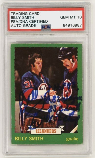 Billy Smith 1973-74 O-Pee-Chee OPC Rookie RC #142 Signed PSA 10 Auto w/ 4 Insc B-1