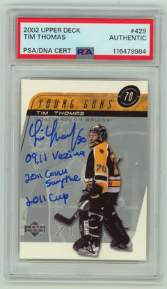 Tim Thomas 2002-2003 Upper Deck #429 Young Guns Signed w/ 3 Insc. PSA Auto-1
