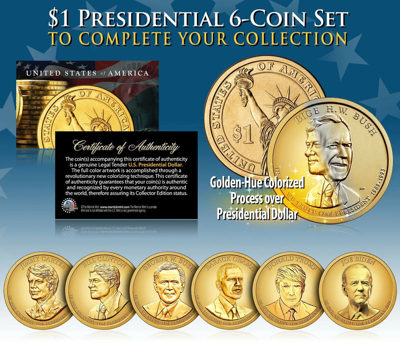 LIVING PRESIDENTS TRUMP & BIDEN Presidential Dollars 6-COIN SET Color GOLDEN-HUE-1